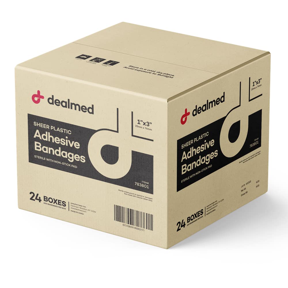 Dealmed Sheer Plastic Flexible Adhesive Bandages - 100 Count (24 Pack) Bandages with Non-Stick Pad, Latex Free, Wound Care for F
