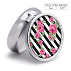 LuxSweet Rose Striped Pattern Pill Box Purse Pocket Small Round Silver Pill Case Decorative Box Metal Medicine Vitamin Pill Orga