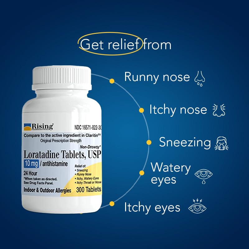 Rising Pharma Allergy Relief - Loratadine Tablets 10mg - Antihistamine, Allergy Relief Product - 300 Tablets