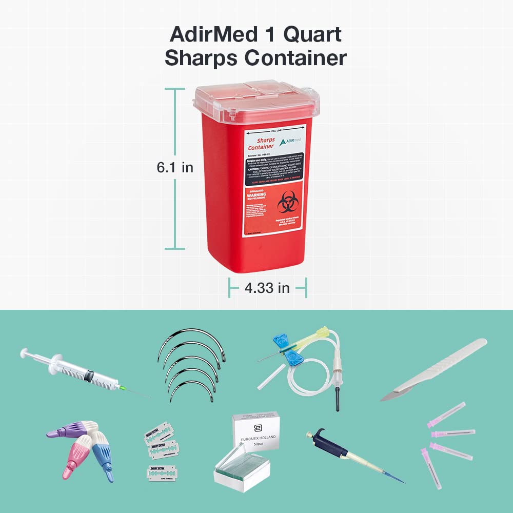 AdirMed Sharps Disposal Container with Flip Open Lid - Biohazard and Syringe Disposal Container - Ideal for Home, Clinic, Office