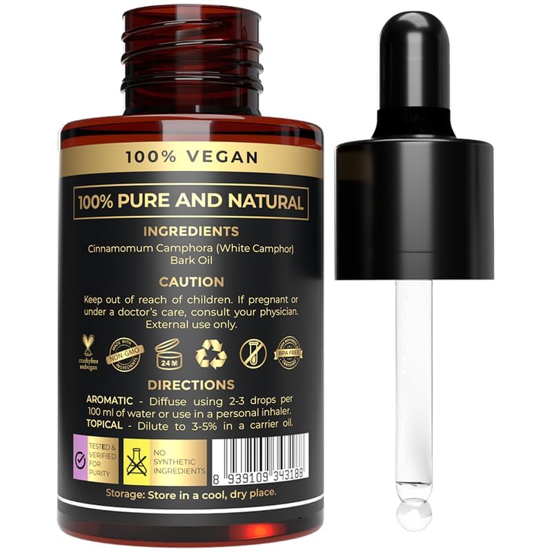 USDA Organic Camphor Essential Oil - 100% Pure, Natural, Steam Distilled Camphor Oil for Aromatherapy, Skin and Hair Care - Ther