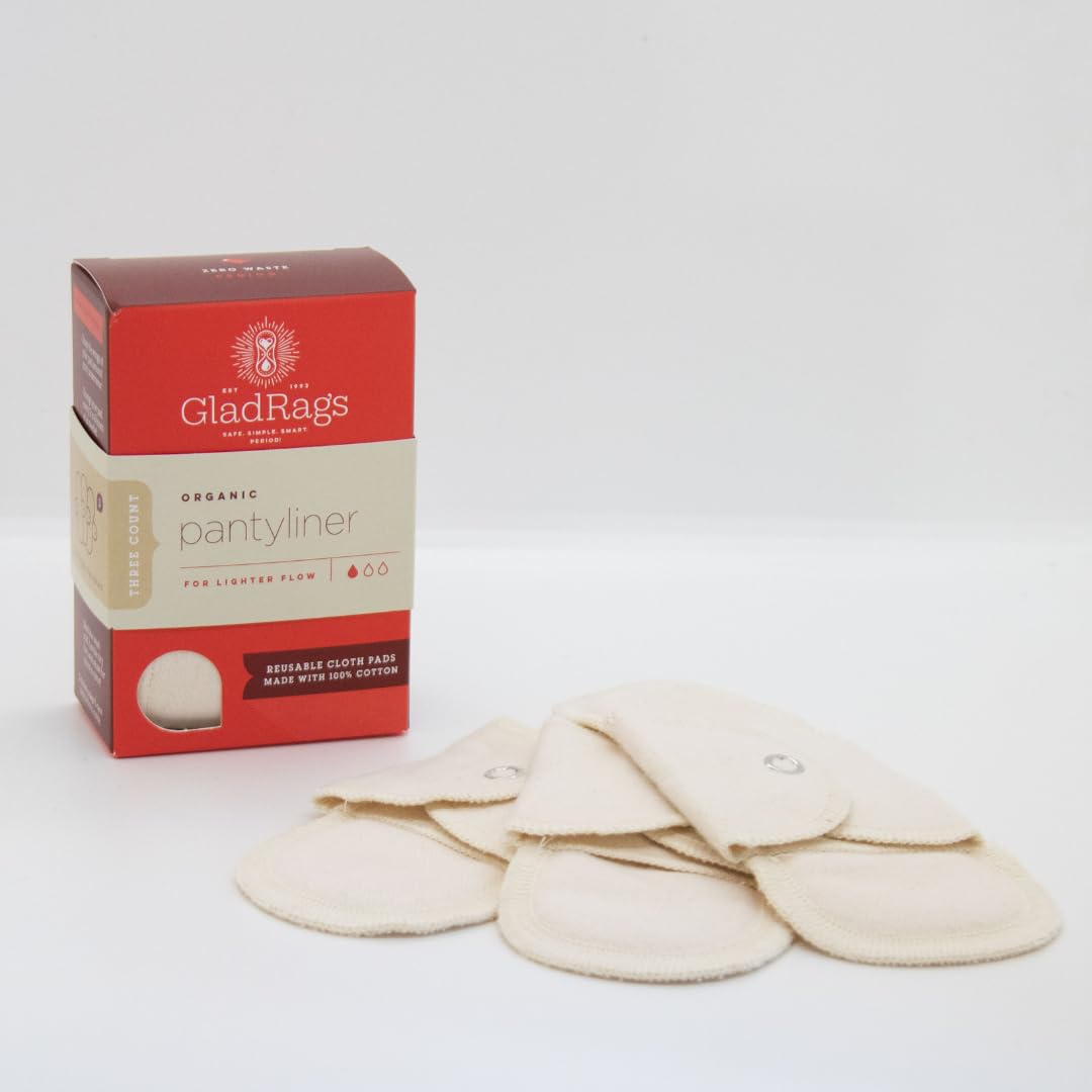 GladRags Natural Organic Undyed Cotton Reusable Pantyliner (3-Pack) - 100% GOTS Certified Organic Menstrual Pad, Washable Pantyl