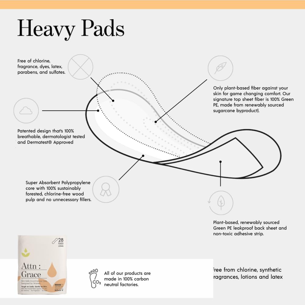 Attn: Grace Heavy Incontinence Pads for WomenWomen 2-Pack (56 Pads Total / 28 per Pack) - High Absorbency for Sensitive Skin - P