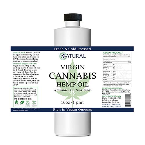 Zatural Hemp Oil Naturally Grown 455,000mg 100% Pure Cold Pressed High Vegan Omegas 3 & 6 No Fillers or Additives Therapeutic Gr