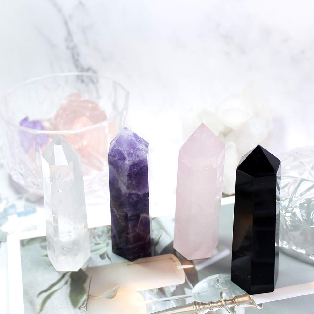 Runyangshi Dream Amethyst Natural Healing Crystal Wands Height 2-2.4, 6 Faceted Prism Wand Reiki Chakra Stone, Natural Quartz