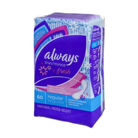 Always Thin No Feel Protection Daily Liners Regular Absorbency Scented, Breathable Layer Helps Keep You Dry, 60Count