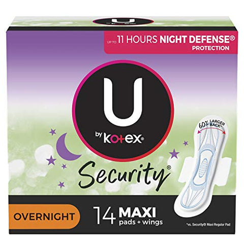 U by Kotex Security Maxi Feminine Pads with Wings, Overnight Absorbency, Unscented, 14 Count