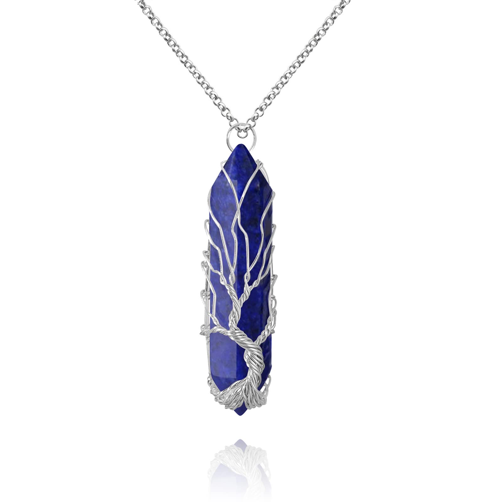 VIBILIA Healing Crystal Necklace Tree of Life Wire Wrapped Lapis Lazuli Stone Point Pendant Necklace Hexagonal Reiki Spiritual Q
