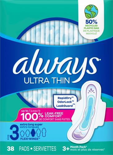 Always Ultra Thin Feminine Pads For Women, Size 3 Extra Long Super Absorbency, With Wings, Unscented, 38 Count