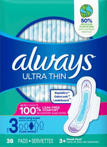 Always Ultra Thin Feminine Pads For Women, Size 3 Extra Long Super Absorbency, With Wings, Unscented, 38 Count