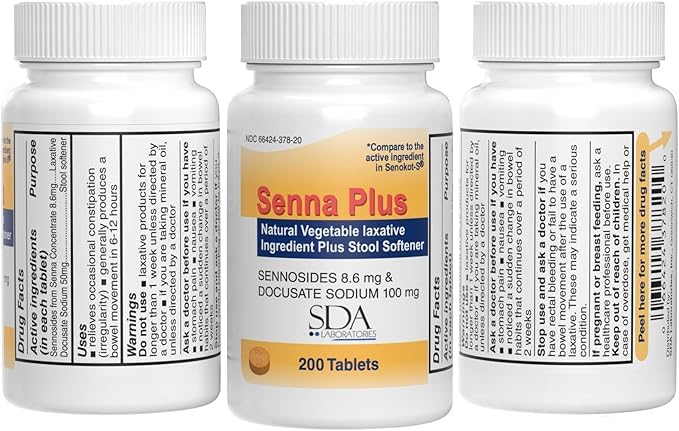 SDA LABORATORIES Senna Plus Sennosides 8.6mg and Docusate 100mg Tablets, Dual Action Natural Laxative and Stool Softener for Eff