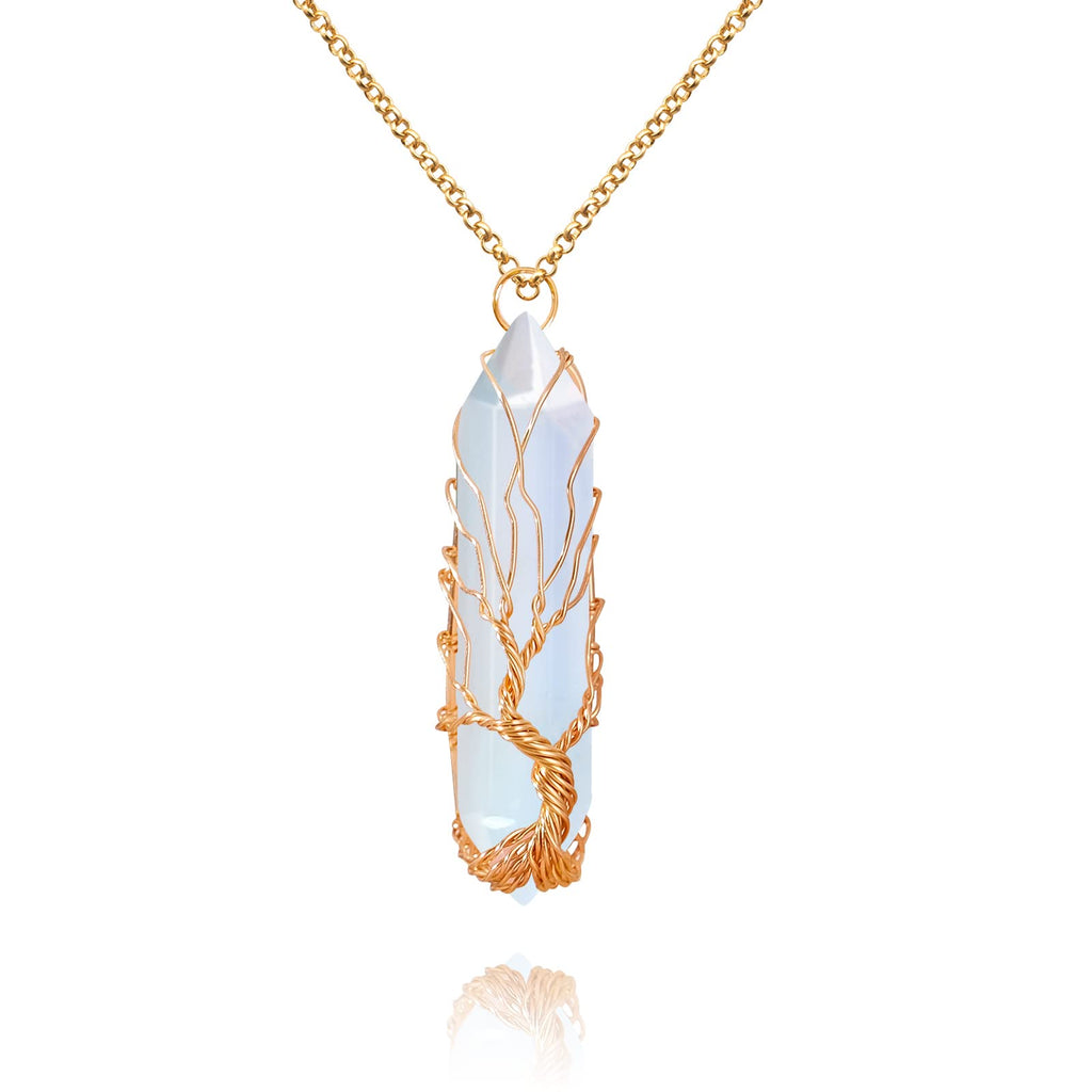 VIBILIA Healing Crystal Necklace Tree of Life Wire Wrapped Opal Stone Point Pendant Necklace Hexagonal Reiki Spiritual Quartz Ge