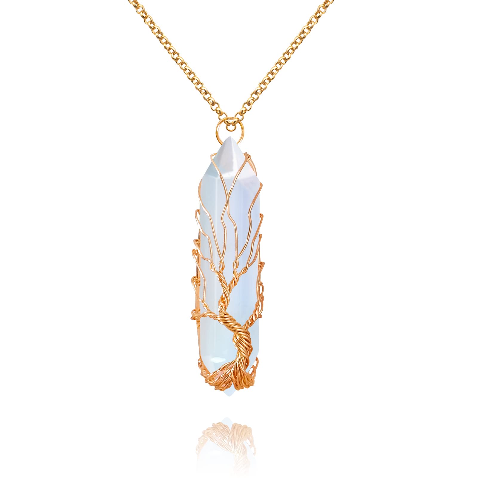 VIBILIA Healing Crystal Necklace Tree of Life Wire Wrapped Opal Stone Point Pendant Necklace Hexagonal Reiki Spiritual Quartz Ge