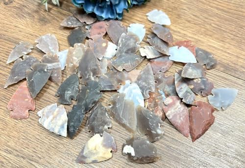 Set of 50 Raw Stone Arrowheads - Mixed Gemstone Flint Knapped Points - Authentic Primitive Hunting Spearheads for Crafts, Jewelr