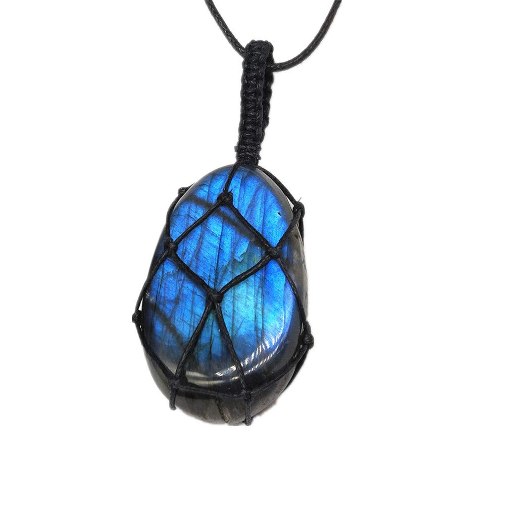 AITELEI Natural Labradorite Crystal Necklace Healing Chakra Pendant with Hand-Woven Rope Labradorite Palm Stone Moonstone Healin