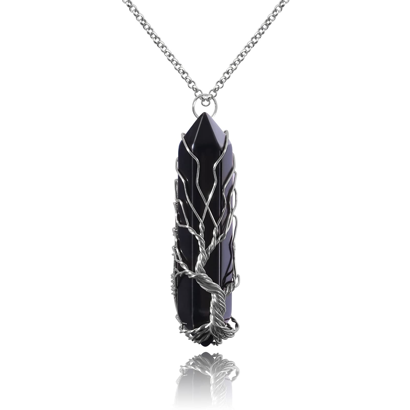 VIBILIA Healing Crystal Necklace Tree of Life Wire Wrapped Natural Black Agate Stone Point Pendant Necklace Hexagonal Reiki Spir