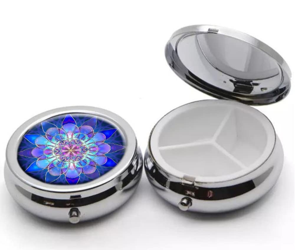 Purple Mandala Pill Box Purse Pocket Small Round Silver Pill Case Decorative Box Metal Medicine Vitamin Pill Organizer Portable