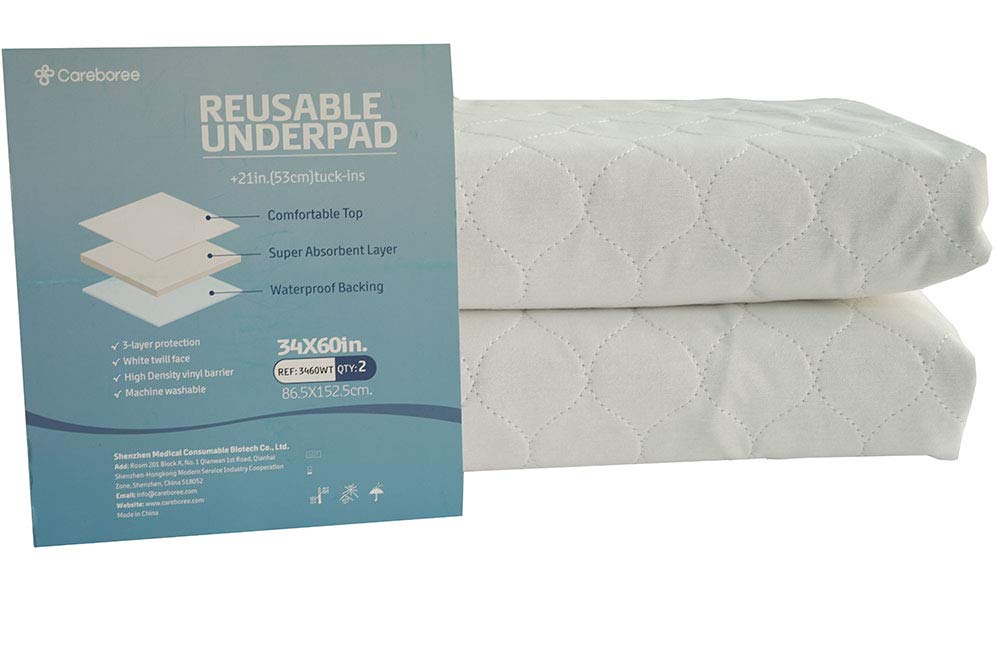 Careboree Pack of 2 Cotton Top-Layer Reusable Tuckable Underpads Incontinence Bed Pads Queen 34X60 Washable 21 Wings