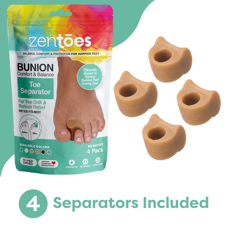 ZenToes Gel Toe Separators for Overlapping Toes, Bunions, Big Toe Alignment, Corrector and Spacer - 4 Pack (Honey)