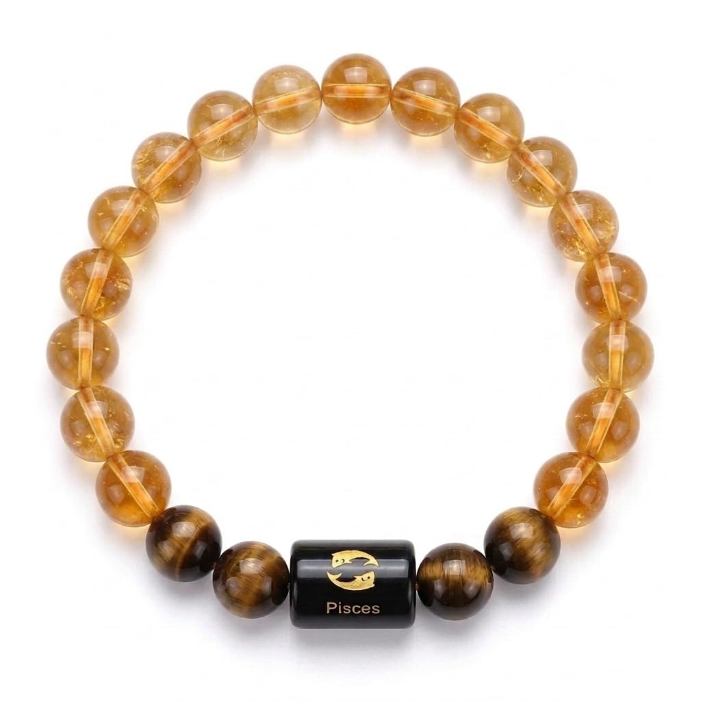 Golden Quartz Pisces   Zodiac Bracelet for Men & Women | Natural Citrine & Tiger Eye Bead Bracelet with Pisces Zodiac Charm | As