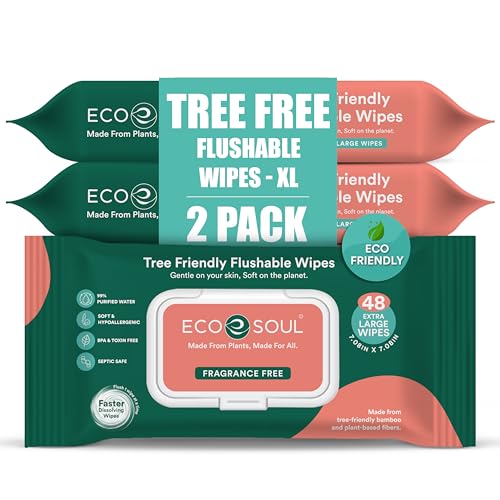 Eco Soul [Pack Of 2, 48 Count] Flushable ExtraLarge Adult WipesUnscented | EcoFriendly Compostable| 99% Purified Water, Hypoa