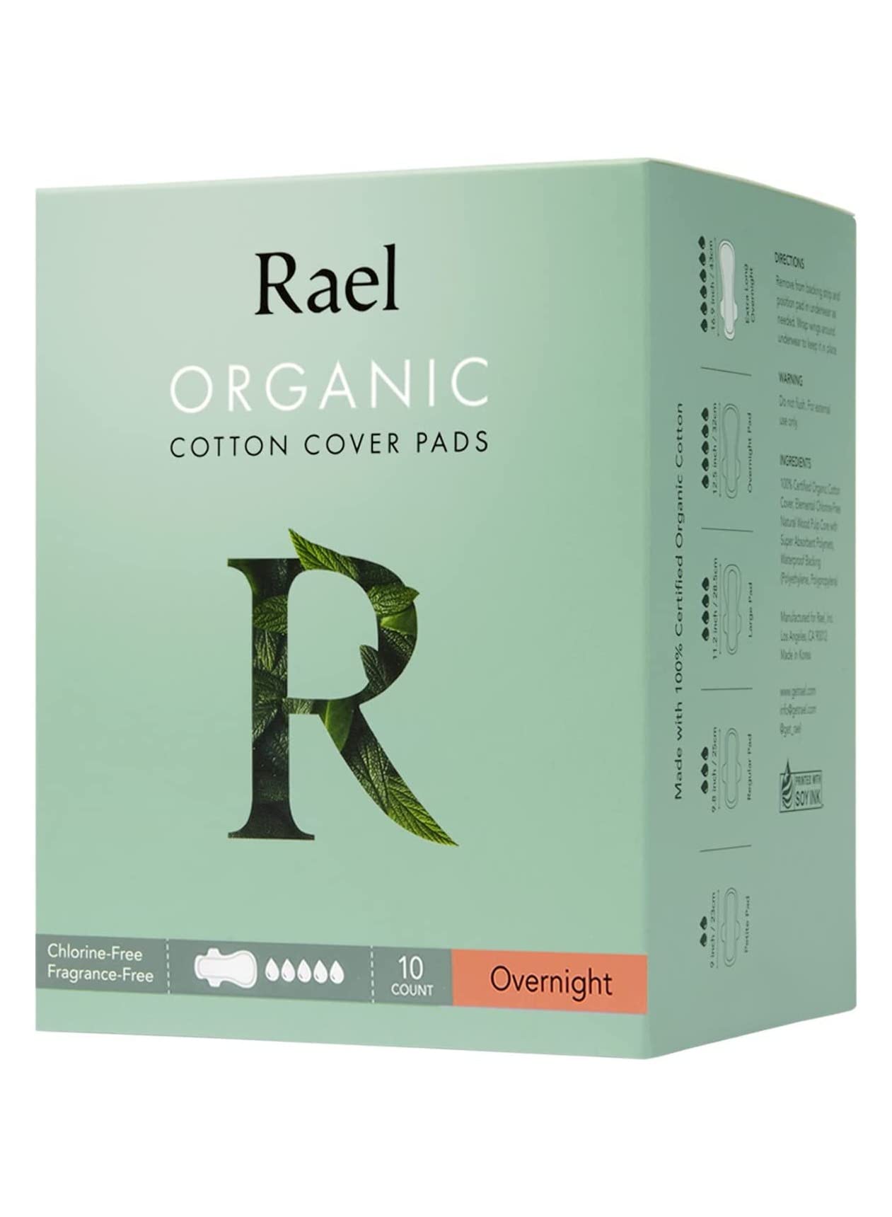 Rael, Organic Cotton Cover Pads, Overnight, 10 Count