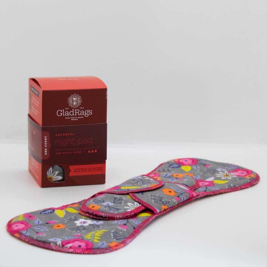 GladRags Reusable Cloth Night Pad (1-Pack) - 100% Cotton Reusable Menstrual Pad, Washable Absorbent Overnight Pad, Heavy Flow Pe