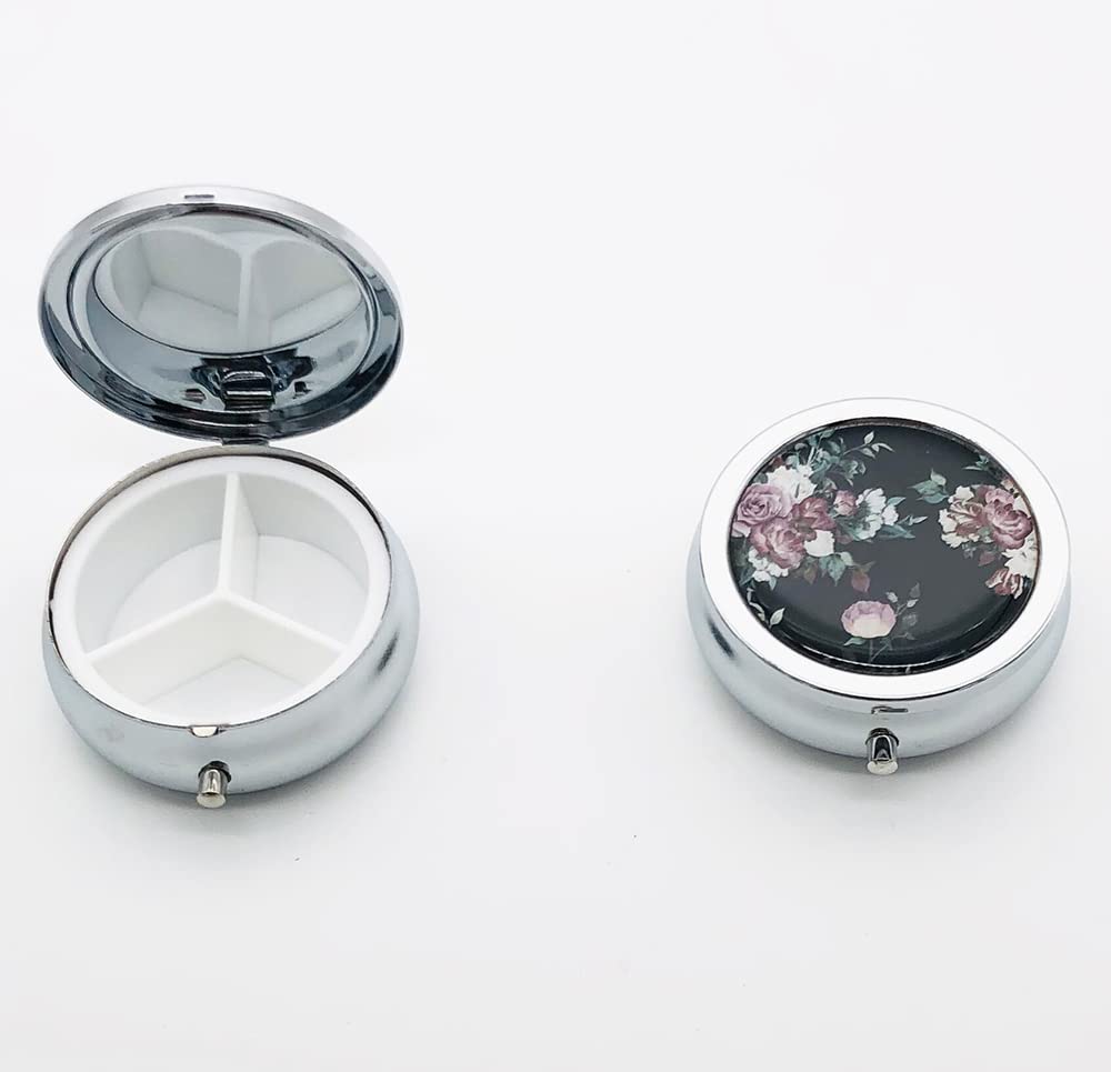 Beautiful Retro Flowers Pill Box Purse Pocket Small Round Silver Pill Case Decorative Box Metal Medicine Vitamin Pill Organizer