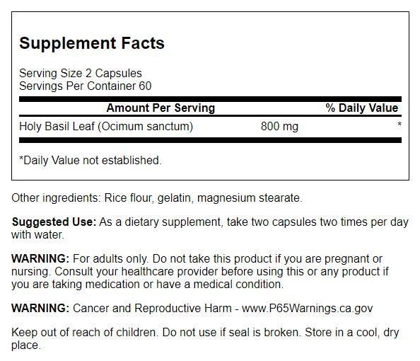 Swanson Holy Basil Leaf (Tulsi) - Stress Support and Well-Being Supplement - (120 Capsules, 800mg Per Serving)