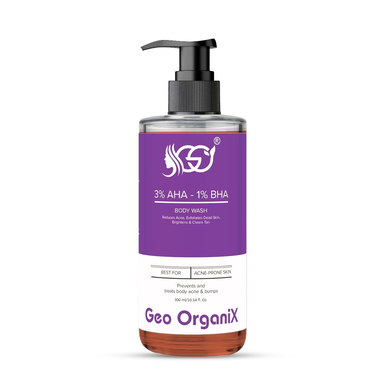 Geo Organix Aha Bha Body Wash With 3% Lactic Acid, 1% Salicylic Acid & 1% Glycolic Acid | Exfoliating Body Cleanser For Dead Ski