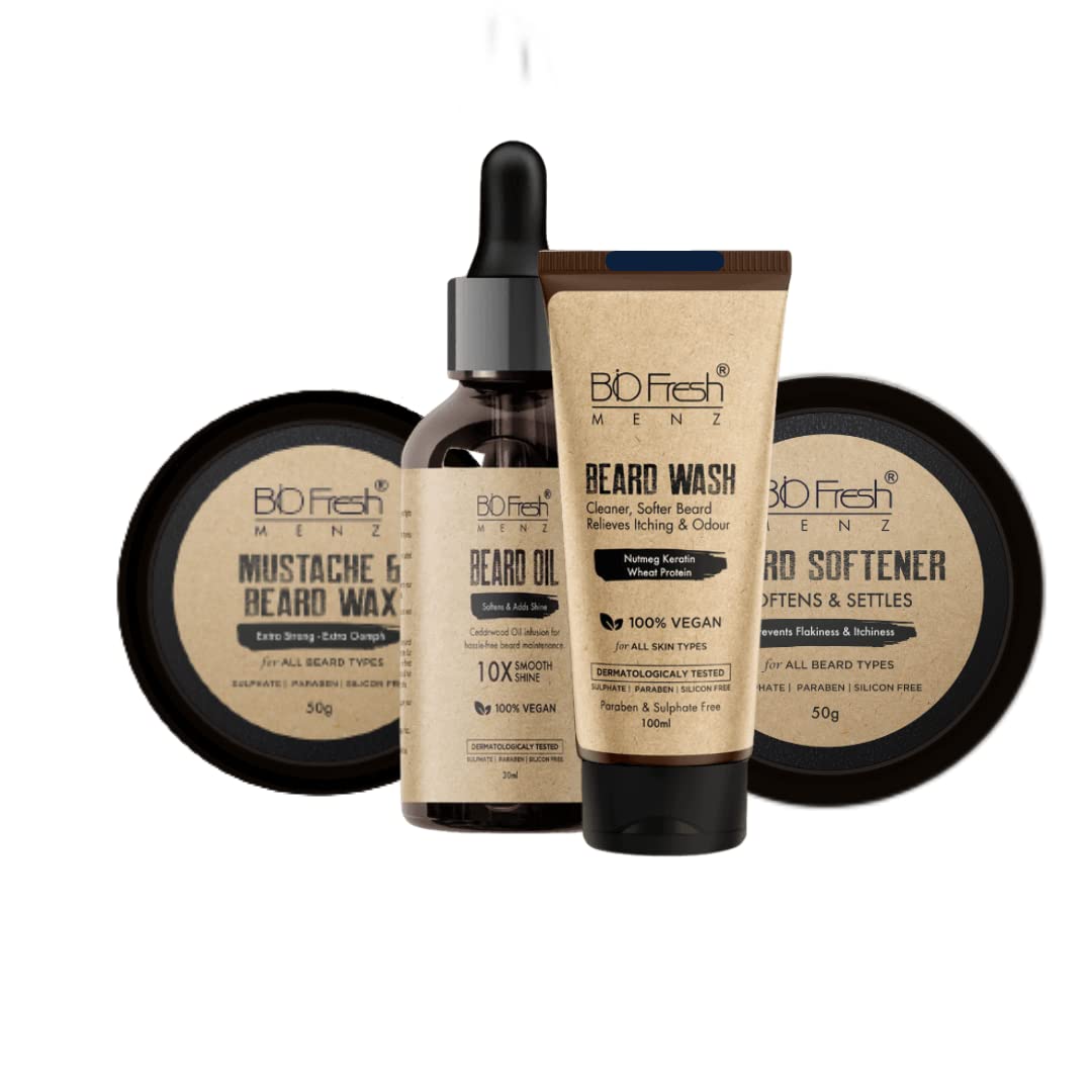 Biofresh Menz Beard Grooming Kit  230G Mustache Beard Care Kit For Men 4 Essentials For A Complete Routine  Beard Wax, Softene
