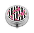 LuxSweet Rose Striped Pattern Pill Box Purse Pocket Small Round Silver Pill Case Decorative Box Metal Medicine Vitamin Pill Orga