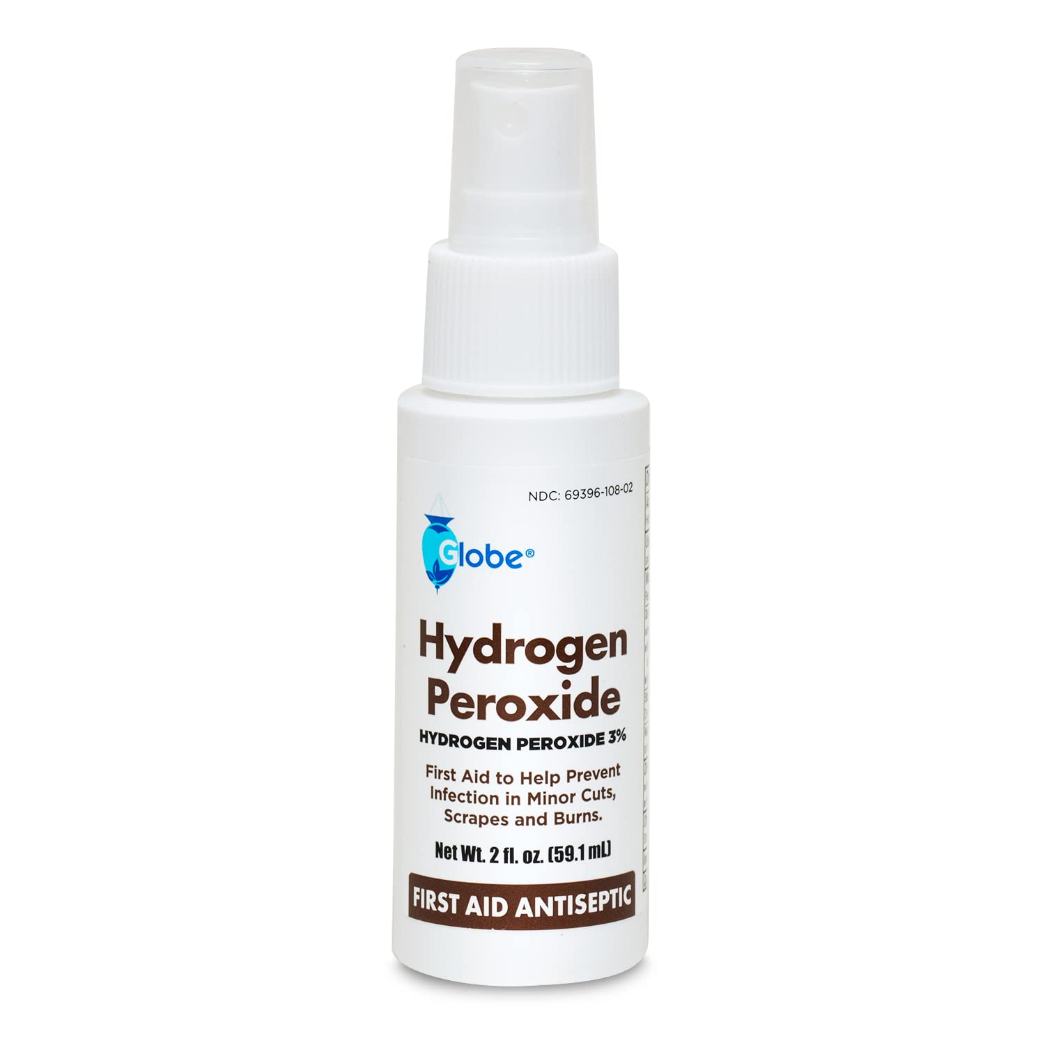 Globe Hydrogen Peroxide 3% First Aid Antiseptic Topical Solution USP Spray Bottle, 2 Fl. Oz Convenient Pump Spray Bottle
