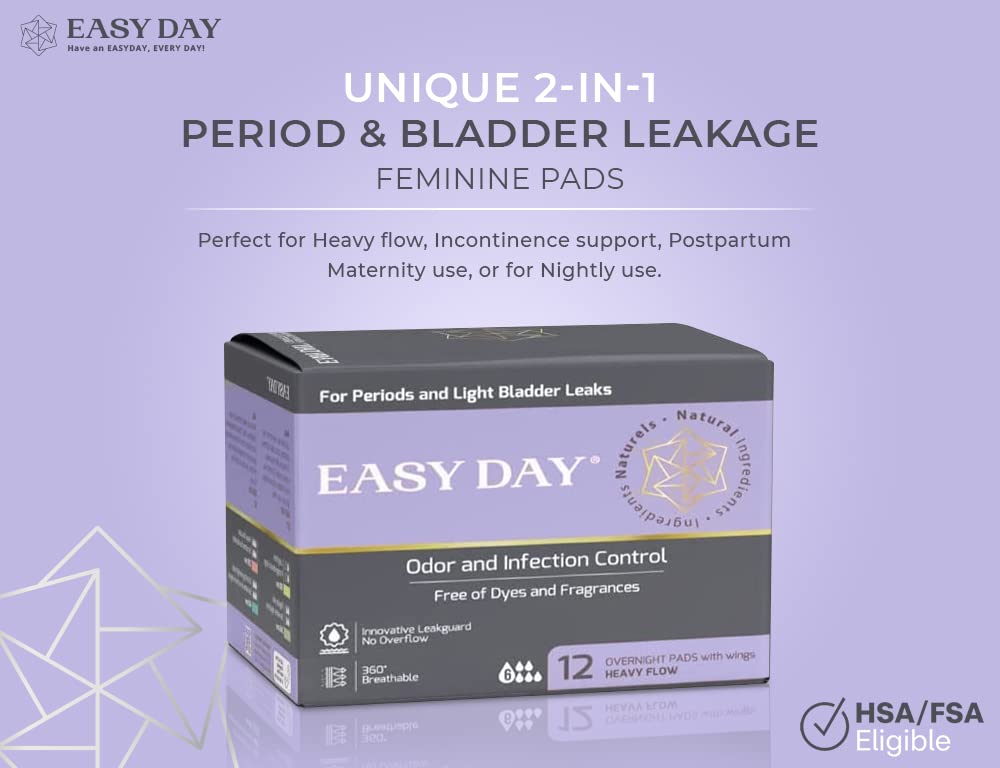 EASYDAY Overnight Heavy Flow(2-in-1 Period & Light Bladder Leakage Feminine Pads) Wings, Sensitive Skins, Unscented, Breathable,