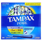 Tampax Pearl Tampons Multipack, Light/Regular/Super Absorbency, With Leakguard Braid, Triple Pack, Unscented, 34 Count