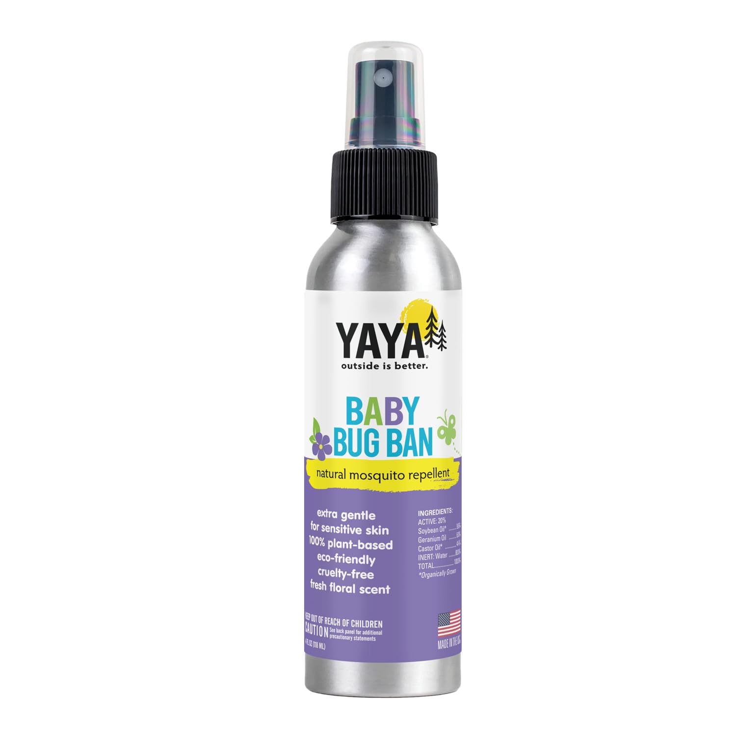 YAYA ORGANICS Baby Bug BAN - All-Natural, Proven Effective Repellent for Babies, Children and Sensitive Skin (4 Ounce Spray)
