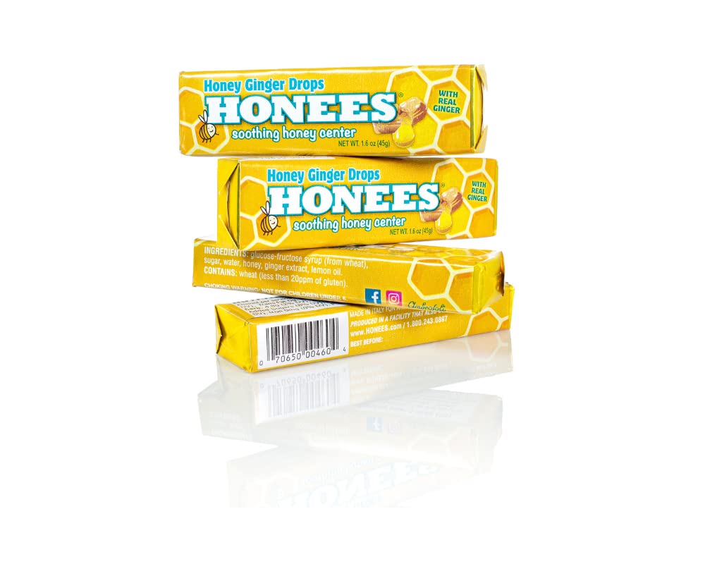 Honees Filled Honey Ginger Drops, Natural Cough Drops- Pure Ginger Sore Throat Relief - Nothing Artificial -Throat Coat Lozenges