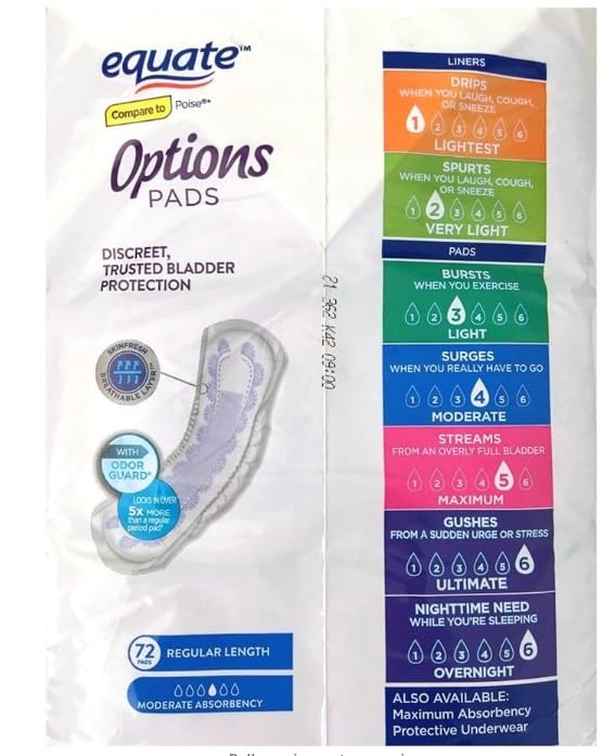 Generic Equate Options Incontinence Pads for Women, Ultimate Absorbency, RegularLength (72 Count), Plus Wet Ones Wipes, White