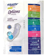 Generic Equate Options Incontinence Pads for Women, Ultimate Absorbency, RegularLength (72 Count), Plus Wet Ones Wipes, White