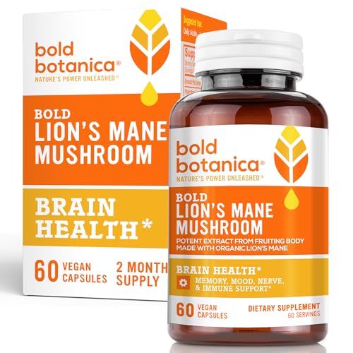 Bold Botanica Lions Mane Mushroom Capsules - 100% Fruiting Body - Concentrated Organic Lions Mane Extracts - Nootropic Brain Hea