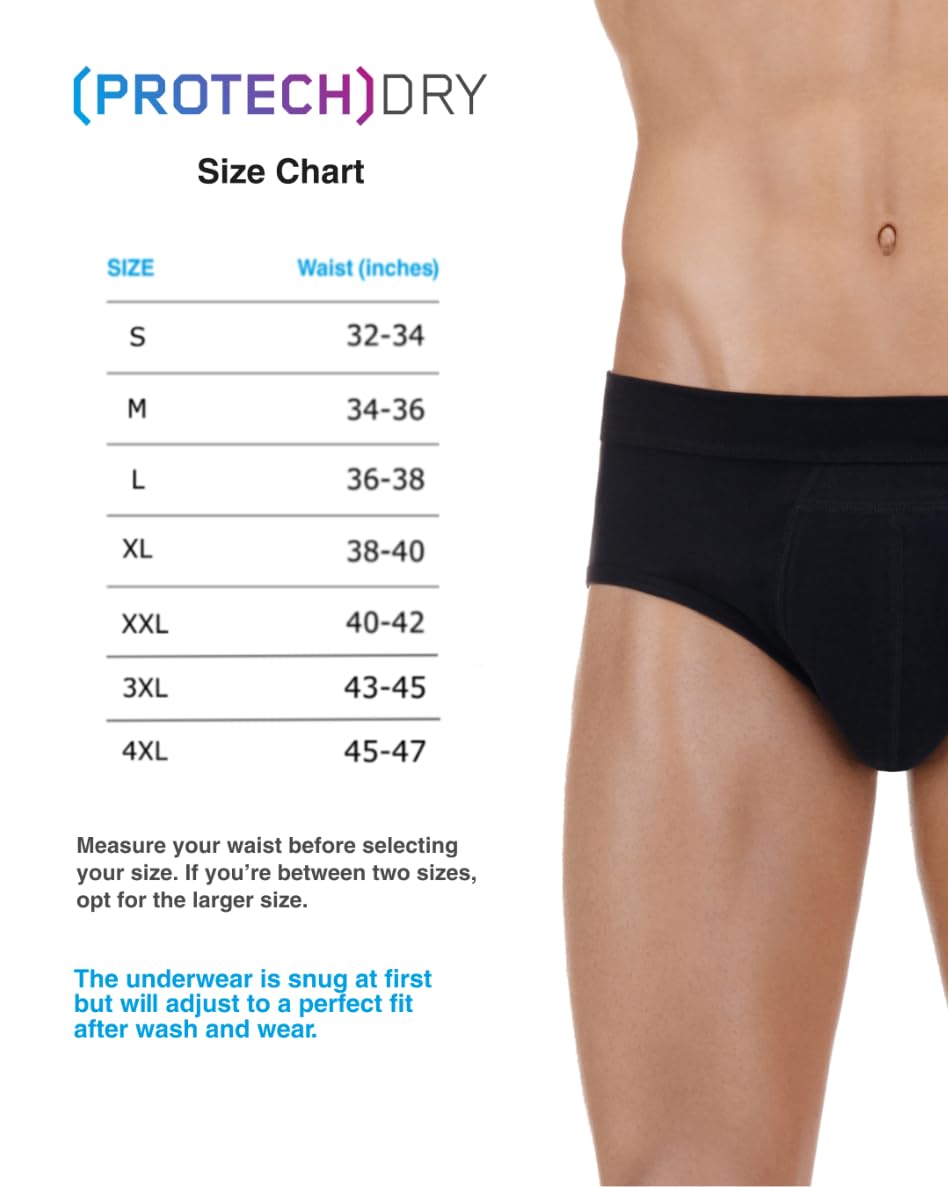 PRO-TECH-Dry - Washable & Reusable Urinary Incontinence Cotton Brief Underwear for Men, with Front Absorbent Area (Black, XX-Lar