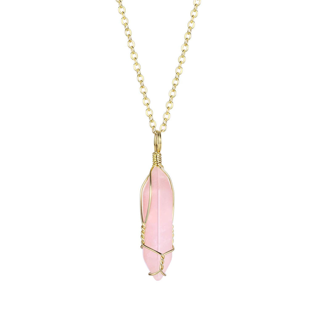 BOUTIQUELOVIN Real Rose Quartz Crystal Necklaces Gold Chain Wire Wrap Raw Stone Necklace on 20'' Chain Healing Crystal Jewlery f