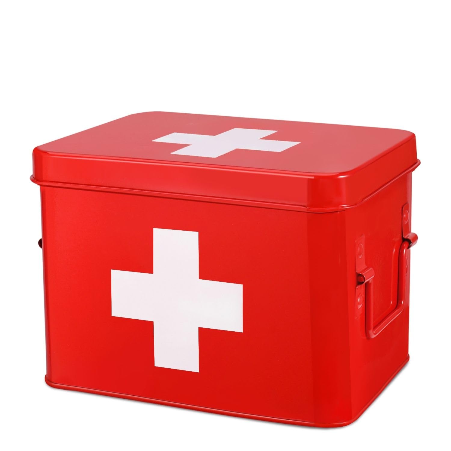 Flexzion First Aid Box Organizer, Empty 8.5 Inch Red Vintage First Aid Kit Tin Metal Medical Box First Aid Storage Box Container
