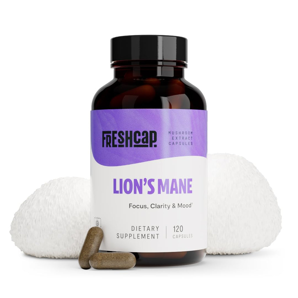 FreshCap Lions Mane Supplement Capsules - Ayurveda Premium USDA Organic Dual Extracted Mushrooms - Third Party Tested - Whole Fr