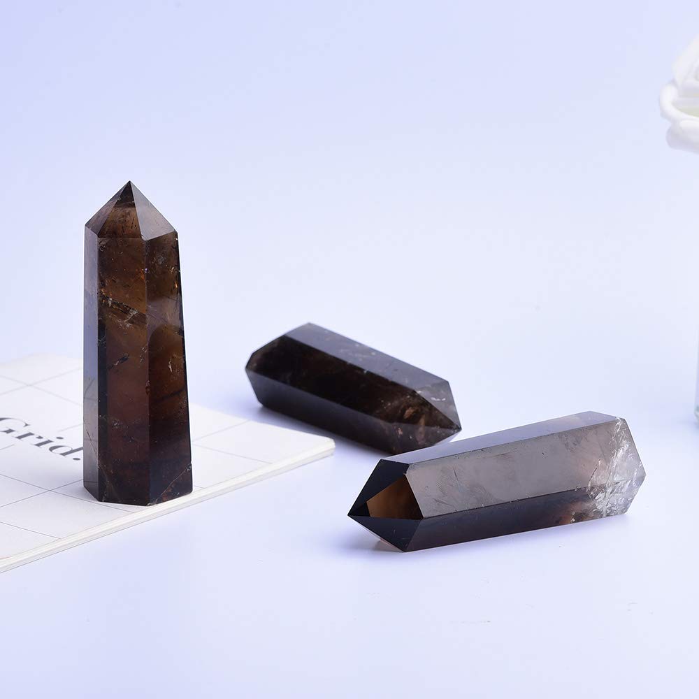 Runyangshi Smoky Quartz Crystal Wand 2.4-2.8, 6 Faceted Prism Natural Crystal Wands Towers Reiki Chakra Stone for Meditation Rei