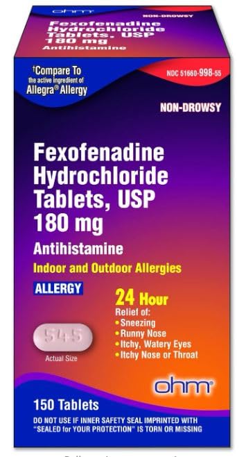 Ohm Fexofenadine Antihistamine Indoor Outdoor Allergy Relief 150Tablets - 2 Pack