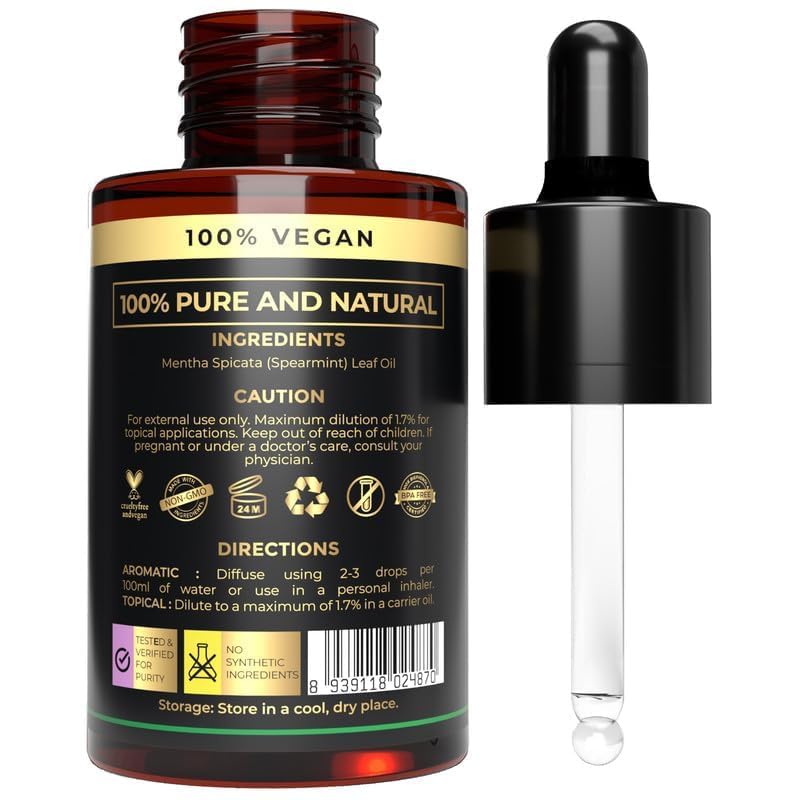 Spearmint Essential Oil - 100% Pure & Natural for Face, Skin and Diffuser | Organic Spearmint Oil for Facial Hair Care, PCOS, Ar