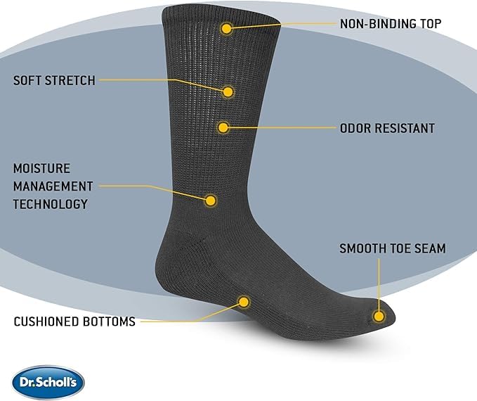 Dr. Scholl's Mens Diabetes & Circulator - 4 6 Pair Packs Non-binding Comfort And Moisture Management Casual Sock, White, 7-12 US