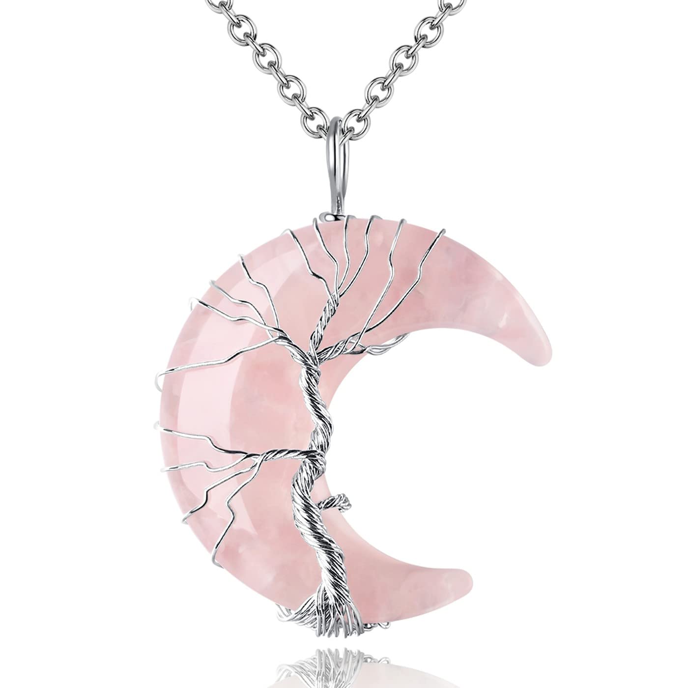 MAIBAOTA Rose Quartz Necklace Healing Crystal Stones Tree Life Wire Wrapped Crescent Moon Phase Pendant Necklace Mothers Day Gif