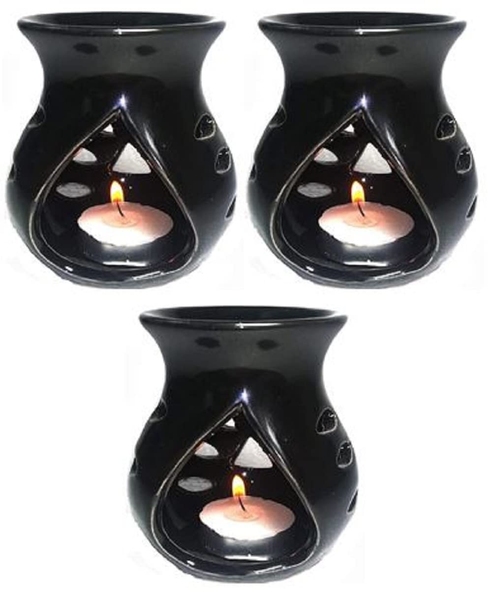 Mkd2 Rise Ceramic Clay Candle Operated Aroma Burner Oil Diffuser Lamp - Set of 3 (Black) for Home Fragrance